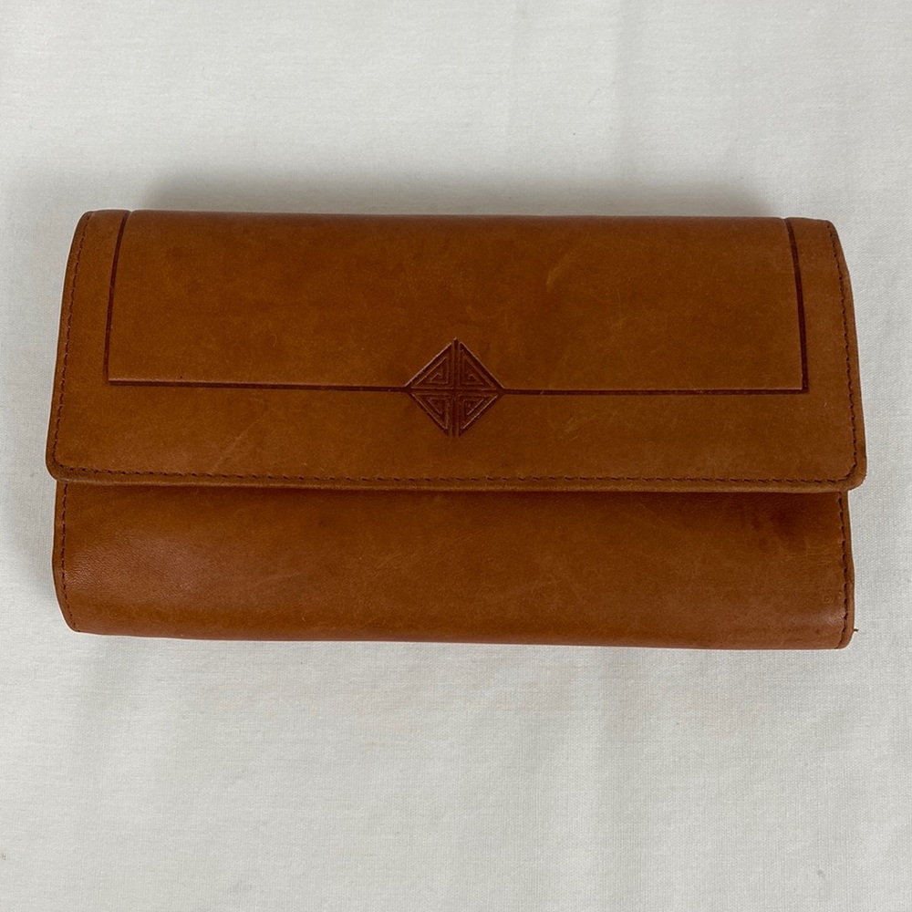 Jacqueline Ferrar Brown Leather Trifold Snap Long Wallet Coin & Checkbook